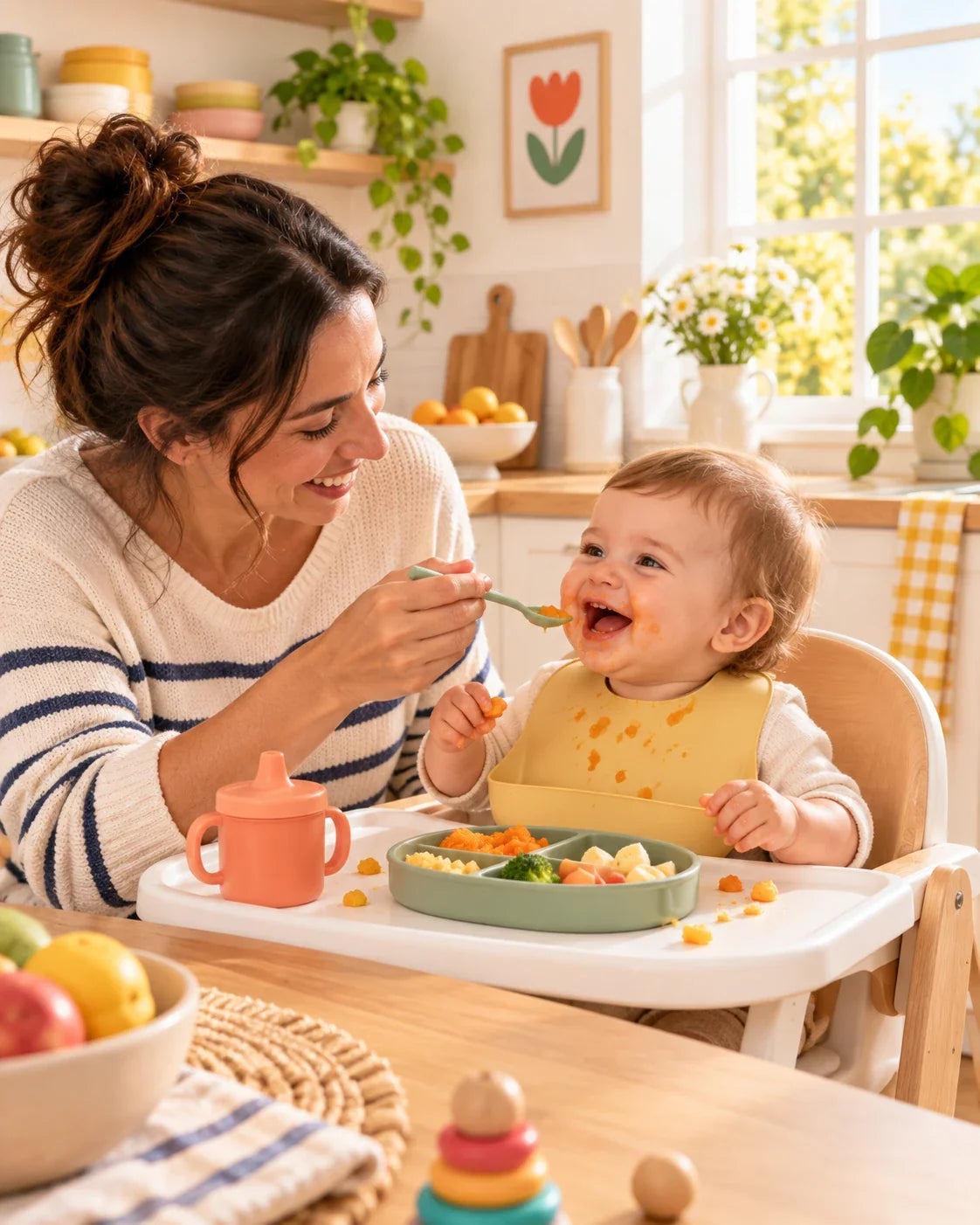 Une maman donne à manger à son bébé dans une chaise haute, avec le set de repas en silicone