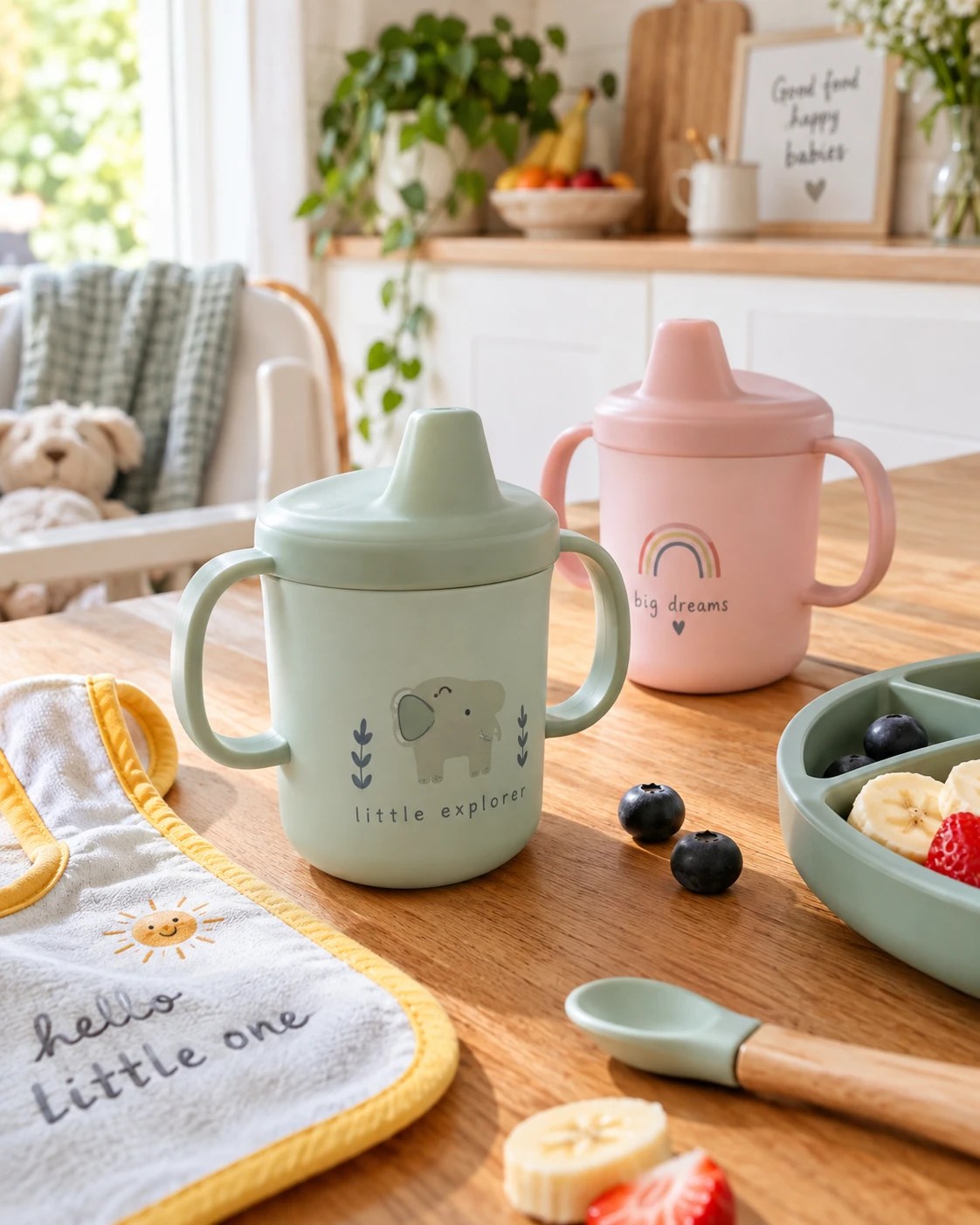 Deux tasses d'apprentissage à anses, vert sauge et rose, sur une table en bois