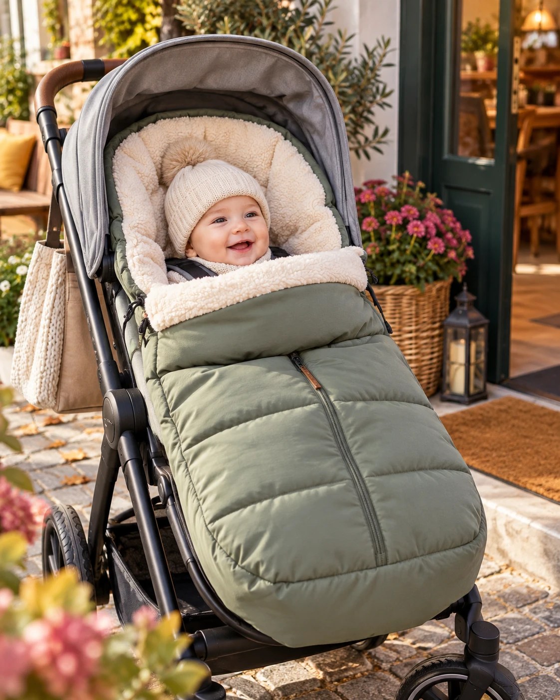 Chancelière universelle vert sauge doublée sherpa, installée dans une poussette, bébé bien au chaud