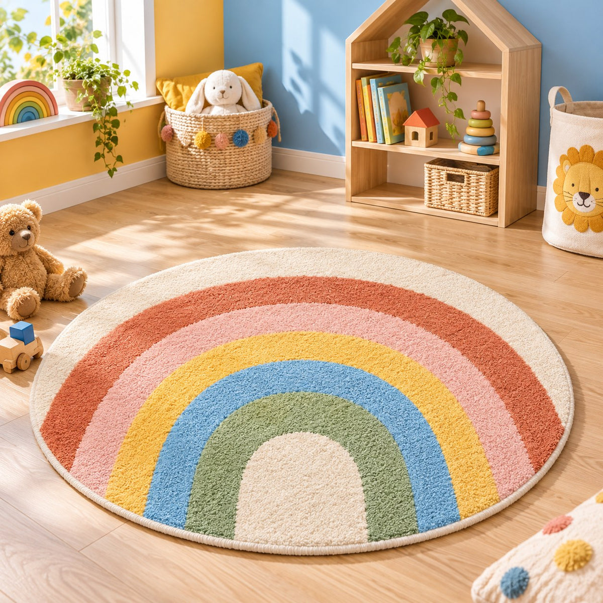 Tapis rond Arc-en-ciel en coton tufté sur un parquet clair