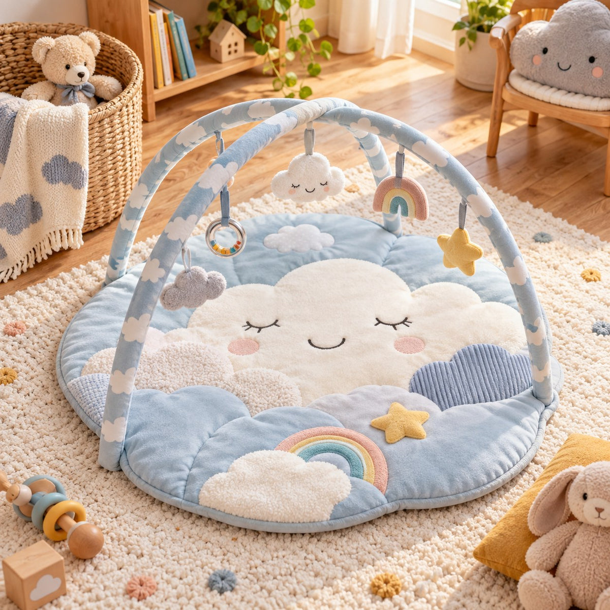 Tapis d'éveil Nuages ciel avec ses arceaux et ses jouets suspendus : nuage, étoile, arc-en-ciel