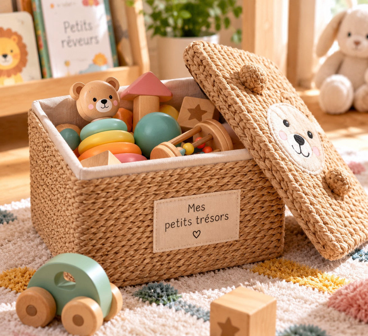 Le panier à jouets tressé ouvert, rempli de jouets en bois, avec son couvercle ourson