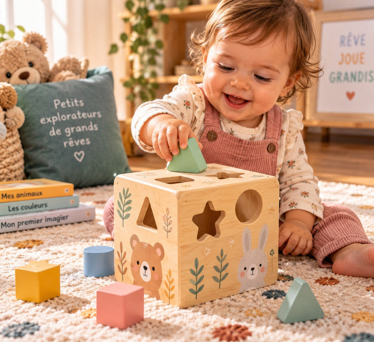 Une petite fille glisse un triangle dans la boîte à formes en bois illustrée d'un ourson et d'un lapin