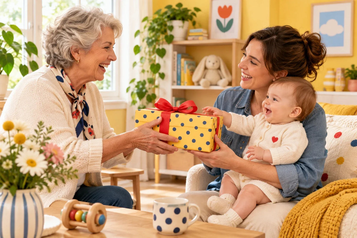 Une grand-mère offre un cadeau emballé de papier jaune à pois à une maman et son bébé