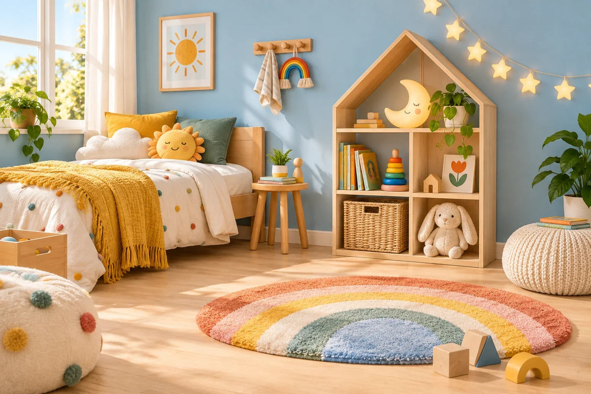 Chambre d'enfant colorée avec étagère Maison, tapis rond arc-en-ciel, veilleuse Lune et guirlande Étoiles
