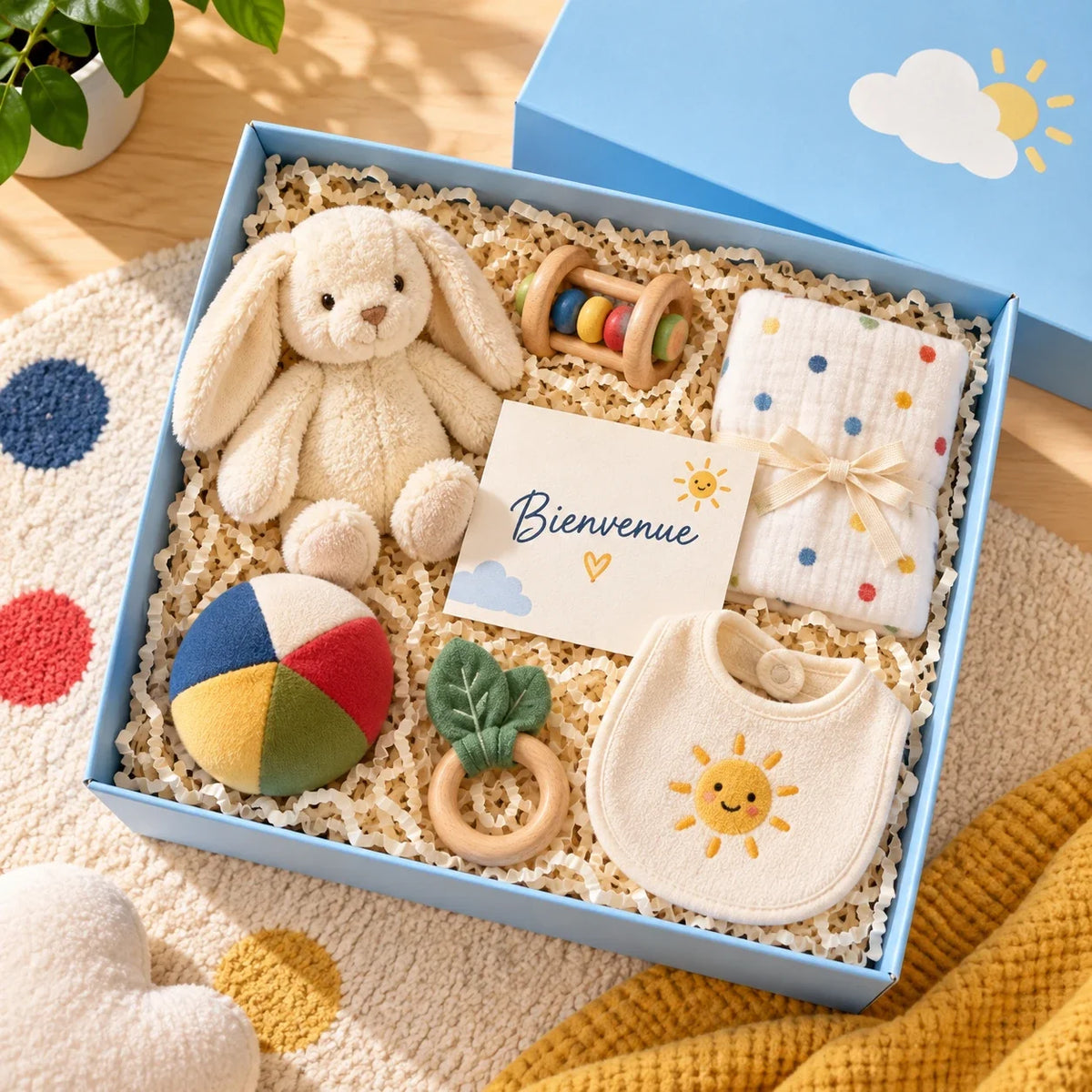 Coffret naissance ouvert : doudou lapin, hochet, lange à pois, balle, anneau de dentition et bavoir soleil