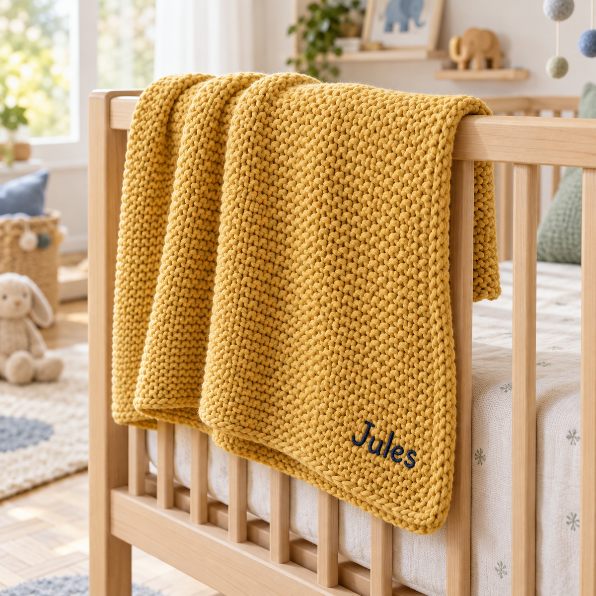 Couverture en tricot moutarde brodée au prénom Jules, posée sur le bord d'un lit à barreaux en bois