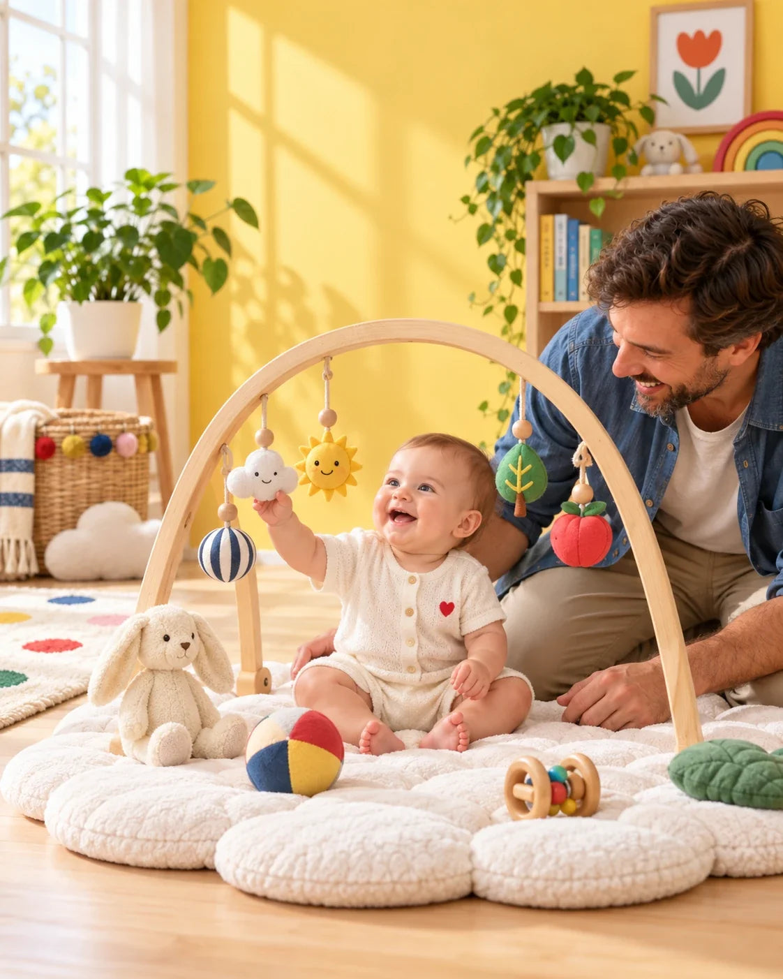 Un bébé assis sur le tapis Nuages joue avec l'arche d'éveil, son papa à genoux près de lui