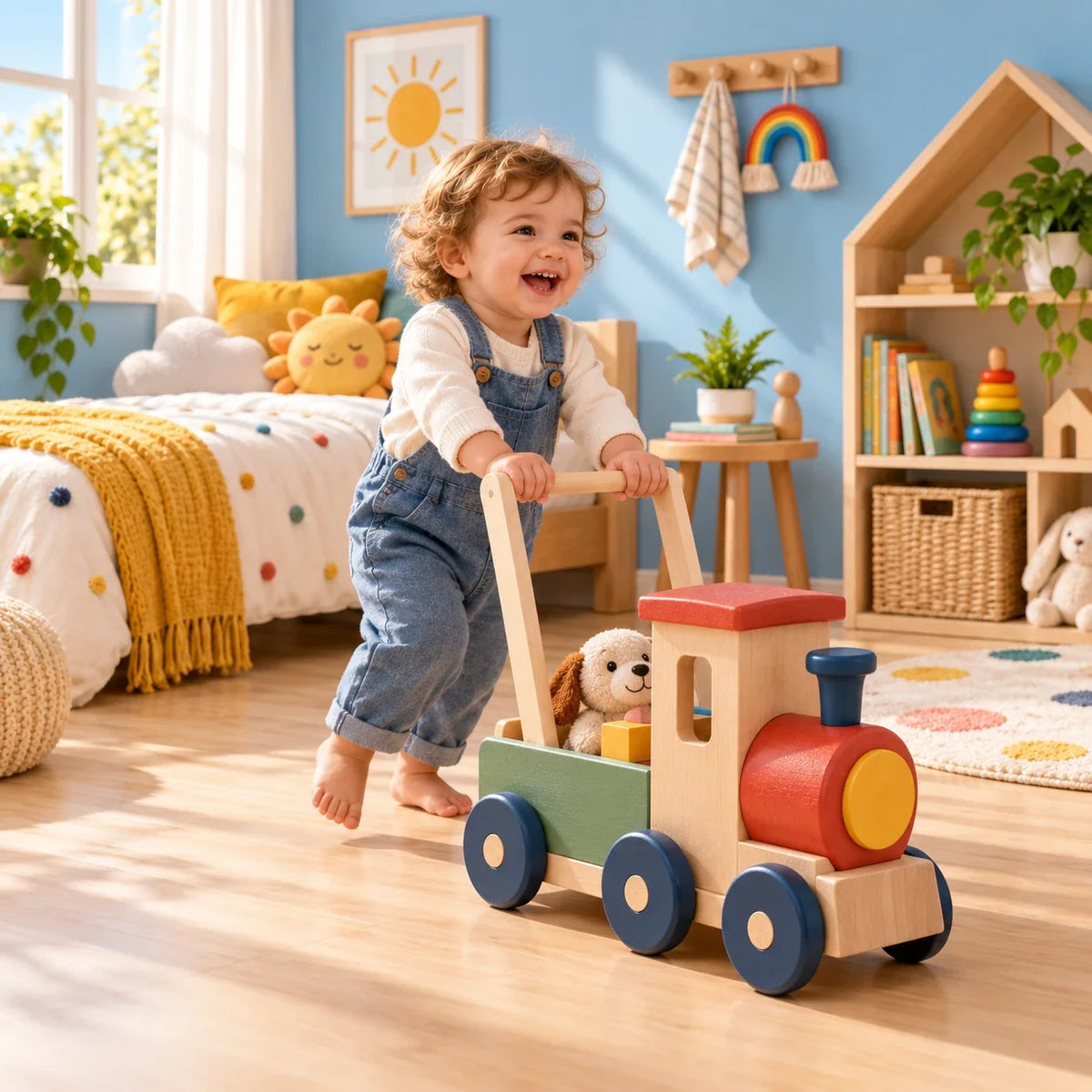 Un enfant rit en poussant le trotteur Petit Train en bois dans sa chambre