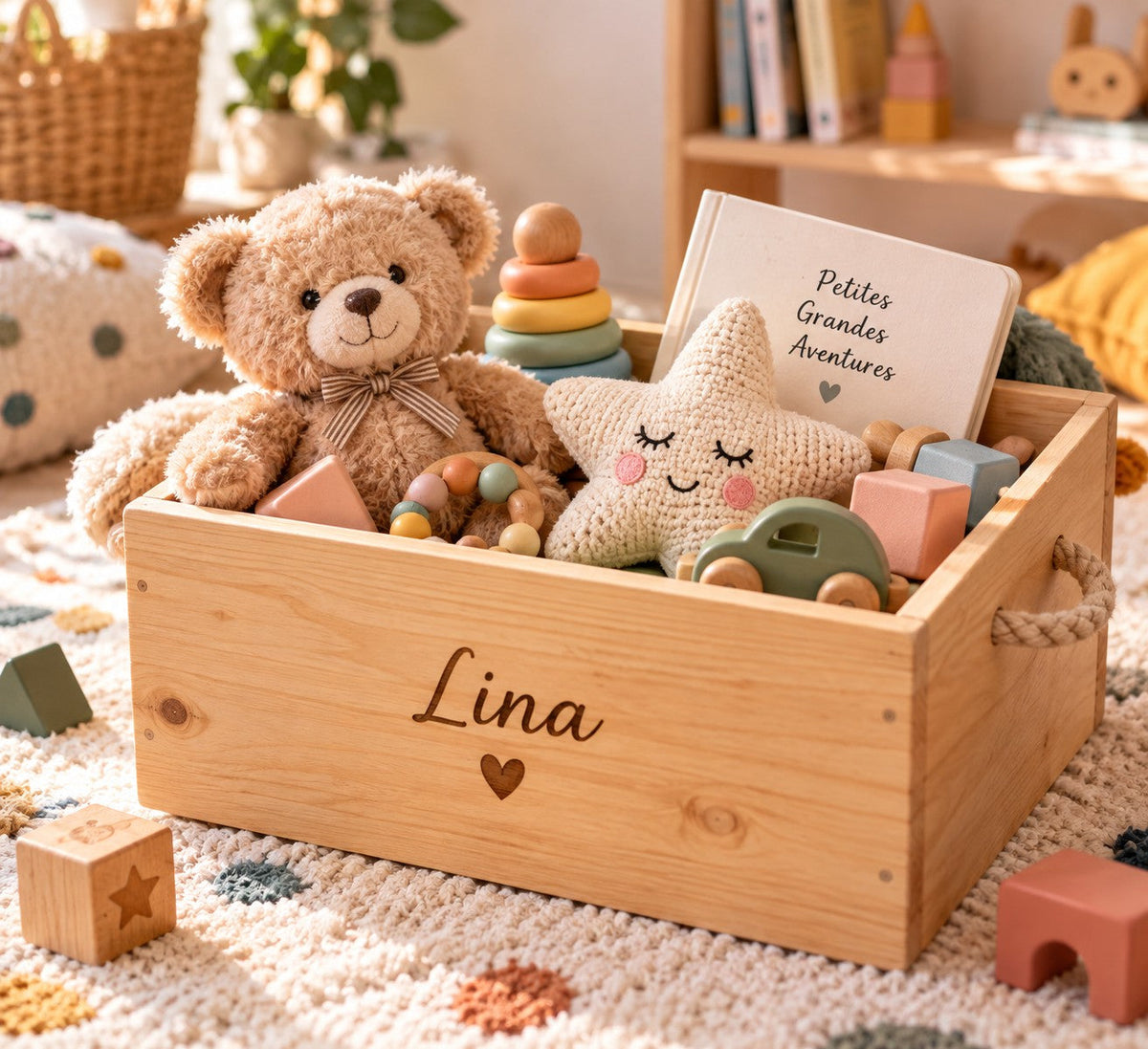 La caisse à jouets en pin gravée au prénom Lina, remplie d'un ours en peluche et de jouets en bois