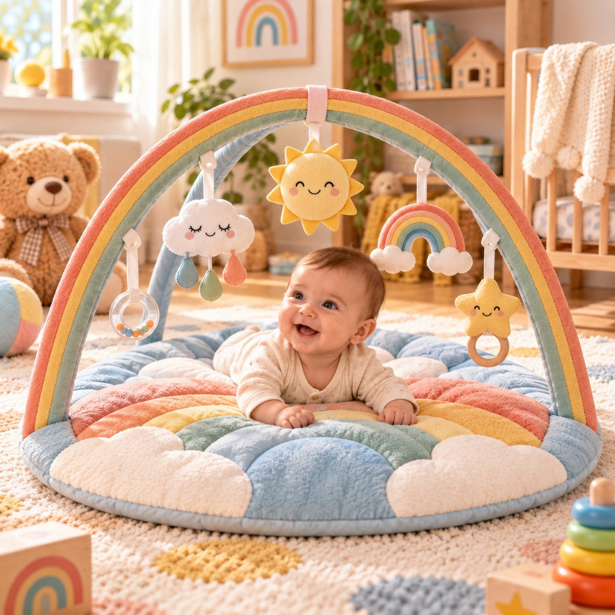 Tapis d'éveil Nuages coloris Arc-en-ciel : un bébé sur le ventre sous l'arceau arc-en-ciel