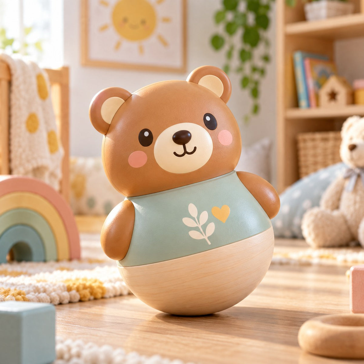 Culbuto Ourson en bois au t-shirt vert d'eau, posé sur le parquet d'une chambre d'enfant