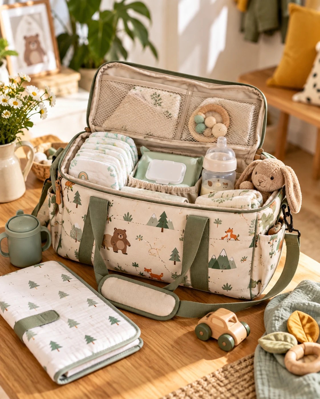 Sac à langer Petit Explorateur ouvert : couches, lingettes, biberon et doudou bien rangés, matelas à langer à côté