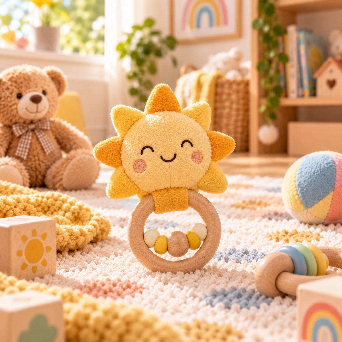 Hochet Soleil : soleil en peluche souriant sur un anneau en hêtre avec perles, posé sur un tapis