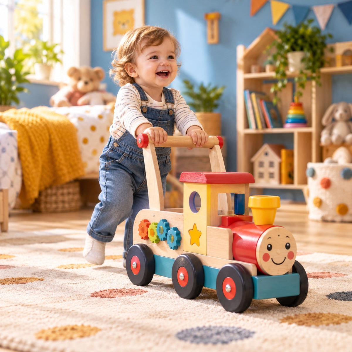 Un enfant rit en poussant le trotteur Petit Train en bois à engrenages sur un tapis à pois