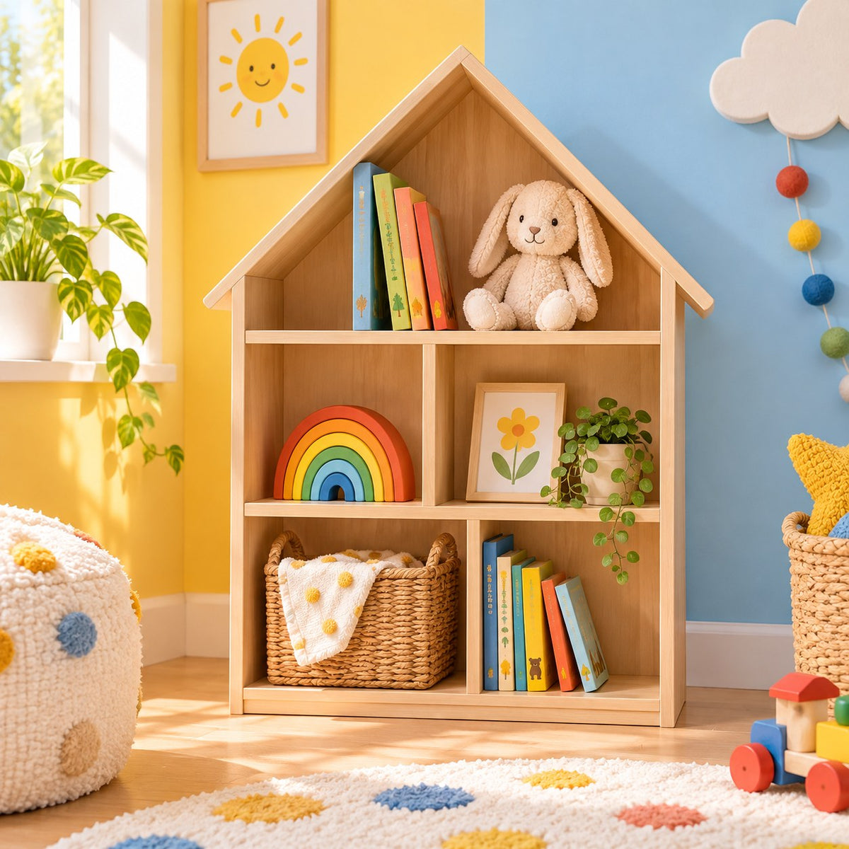 Étagère Maison en bois avec livres, doudou lapin, arc-en-ciel et panier tressé