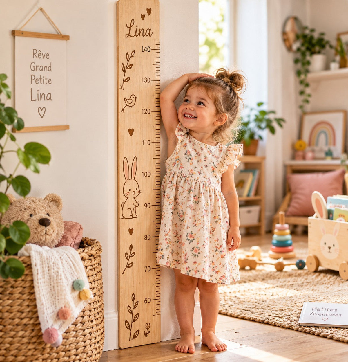 Une petite fille mesure sa taille contre la toise en bois gravée à son prénom, Lina