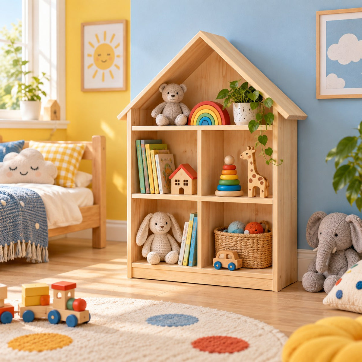 Étagère Maison dans une chambre ensoleillée, avec peluches et jouets en bois