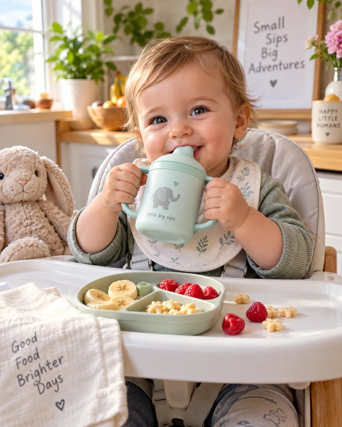 Un bébé dans sa chaise haute boit seul dans sa tasse d'apprentissage vert sauge
