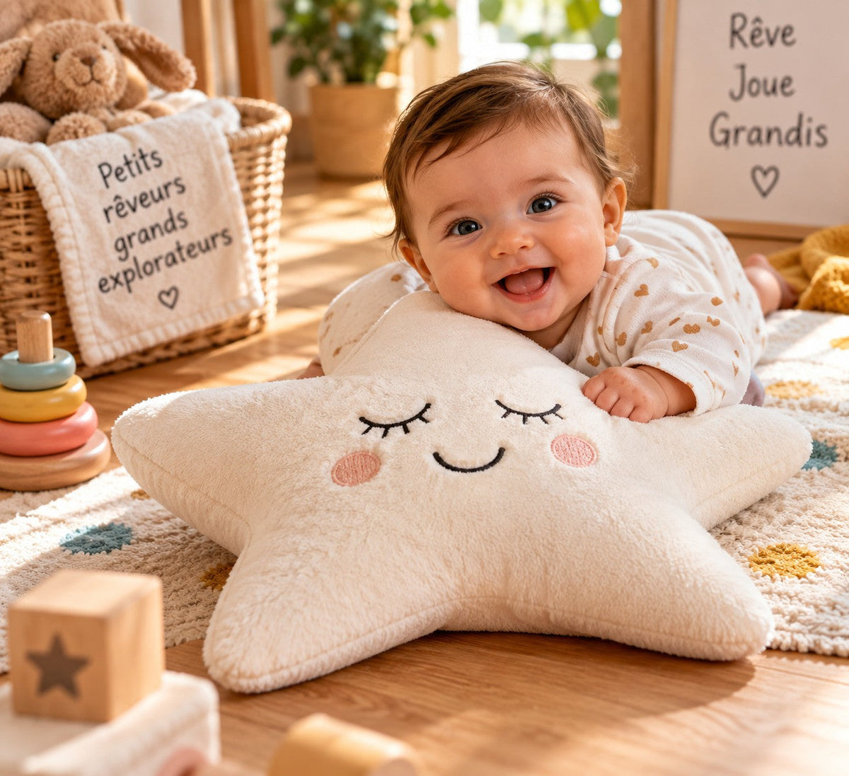Un bébé allongé sur le coussin Étoile en bouclette, au visage brodé
