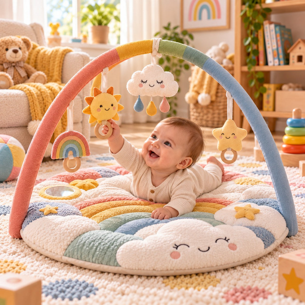 Un bébé attrape le soleil en peluche suspendu au tapis d'éveil Arc-en-ciel