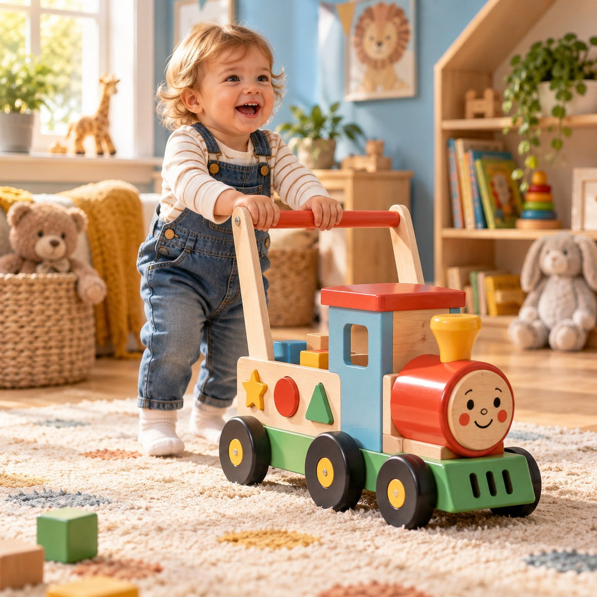 Un enfant fait ses premiers pas avec le trotteur Petit Train, wagon rempli de cubes