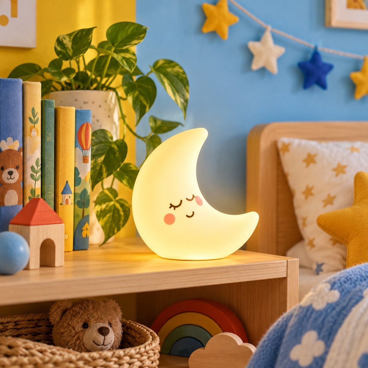 Veilleuse Lune sur une étagère de chambre, entre des livres et un arc-en-ciel en bois