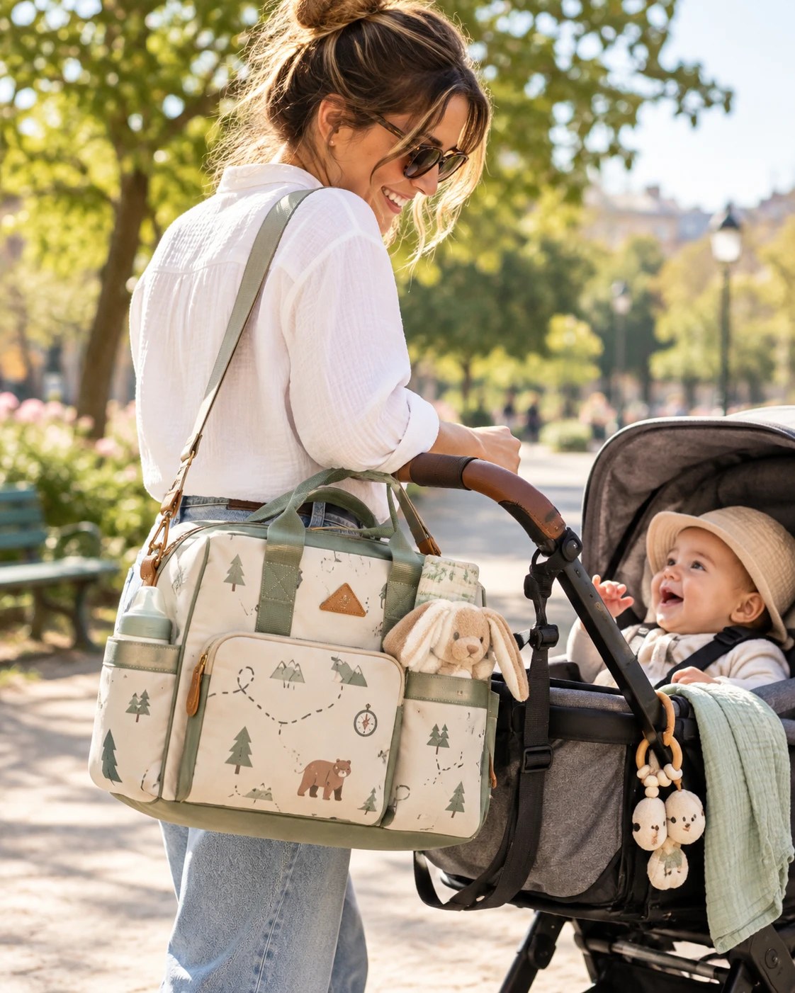 Une maman porte le sac à langer Petit Explorateur en bandoulière en poussant la poussette au parc