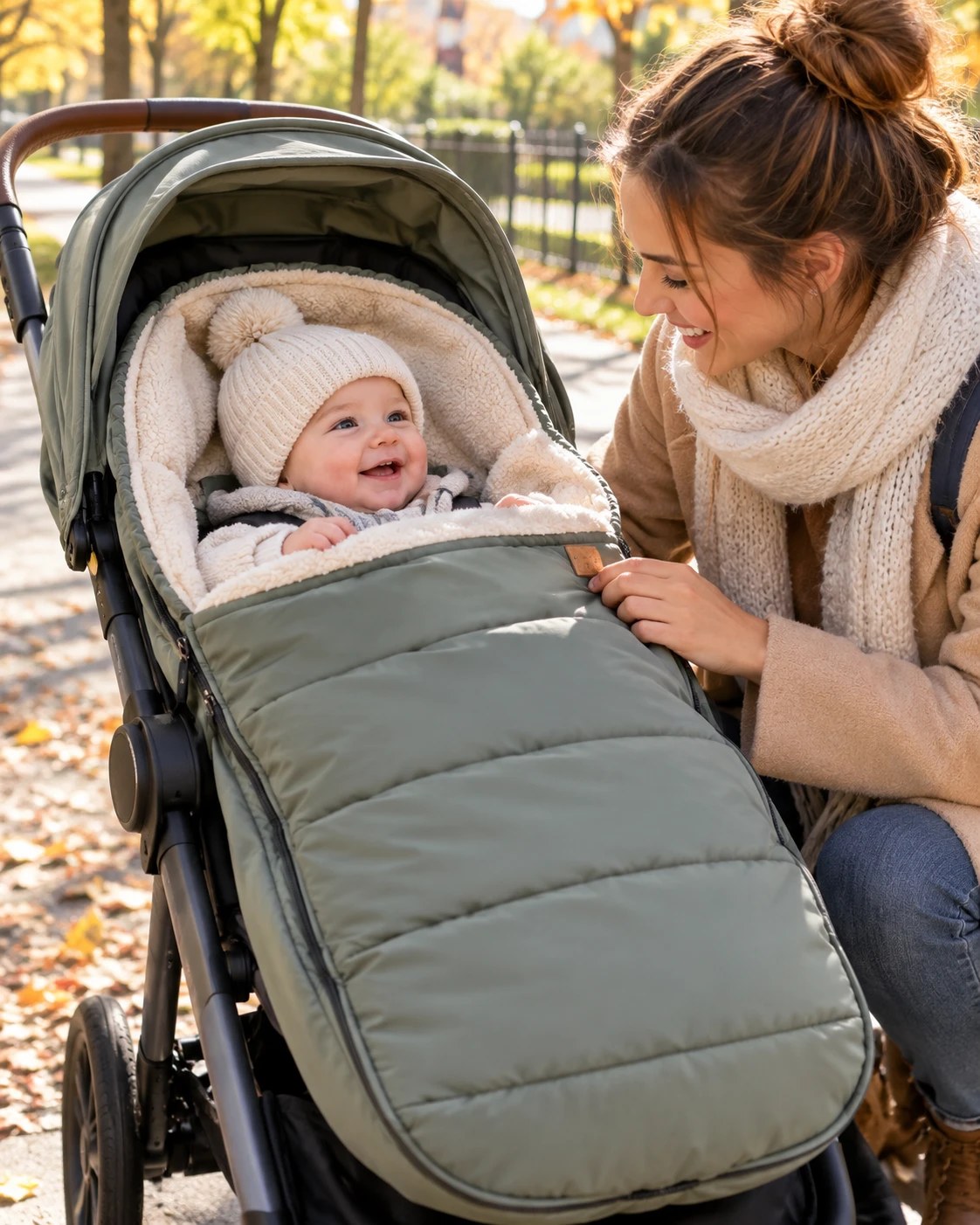 Une maman sourit à son bébé emmitouflé dans la chancelière pendant une balade d'automne
