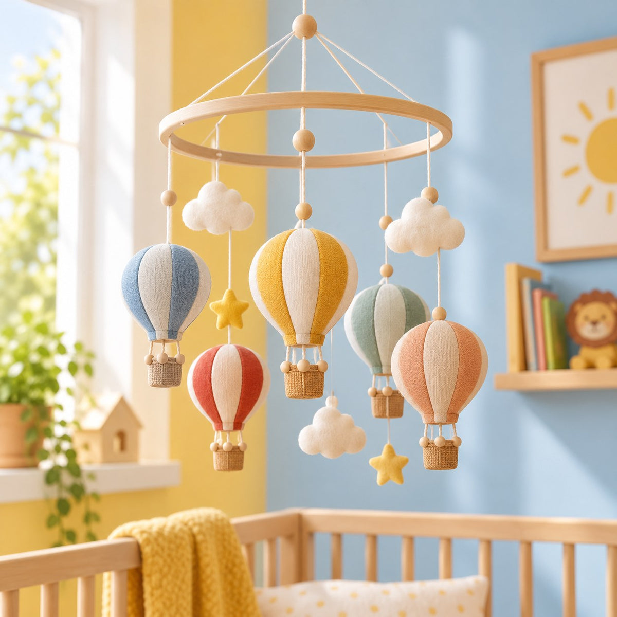 Mobile Montgolfières en feutre au-dessus d'un lit de bébé, avec nuages et étoiles