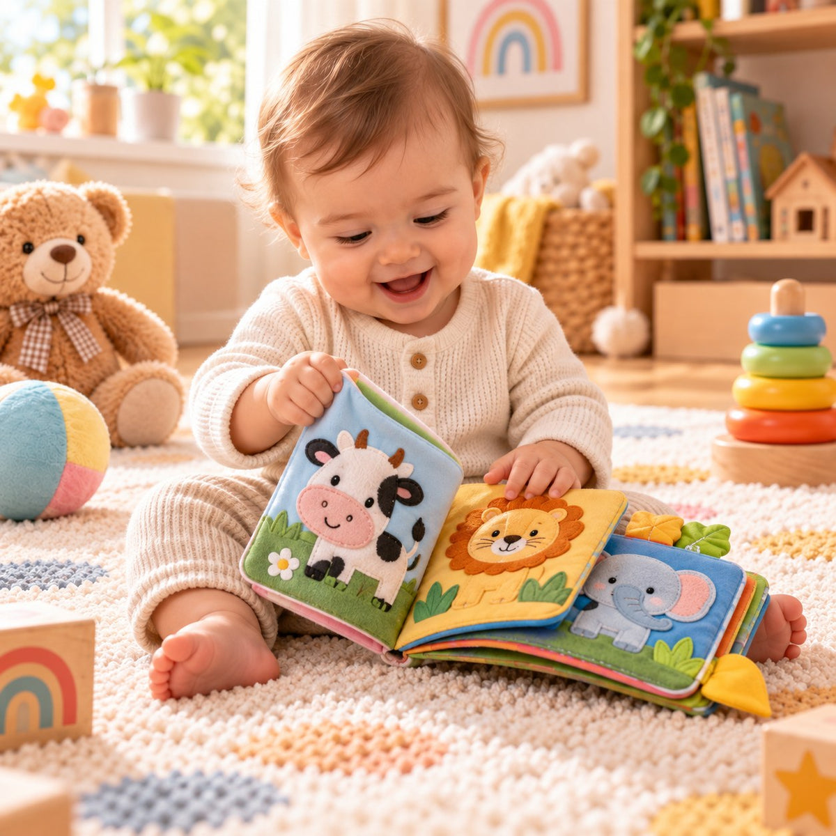 Un bébé assis tourne les pages du livre en tissu : une vache, un lion, un éléphant