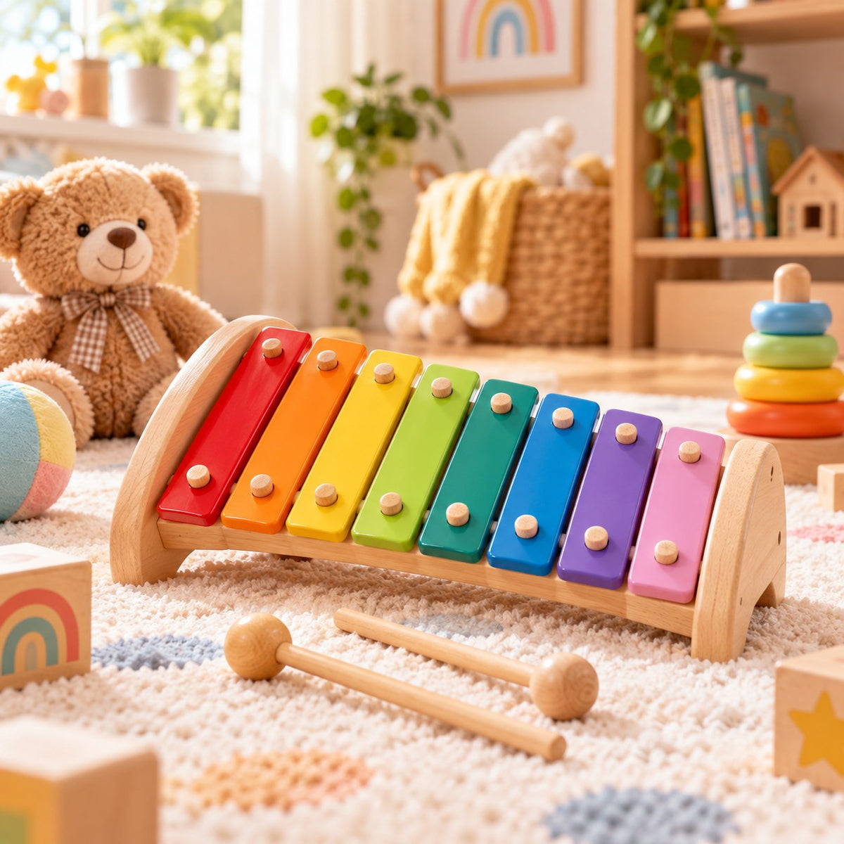 Xylophone Arc-en-ciel en bois à huit lames colorées et ses deux baguettes, sur un tapis