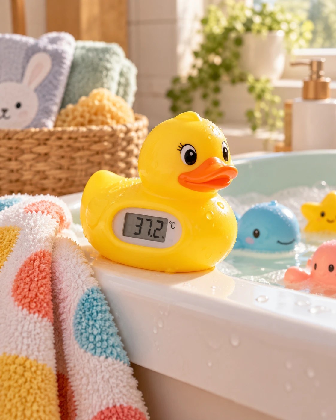 Thermomètre de bain Canard jaune posé sur le bord de la baignoire, écran à 37,2 °C