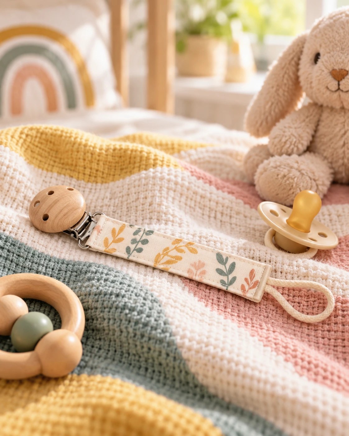 Attache-tétine en coton imprimé feuillage avec pince en hêtre, posée sur une couverture