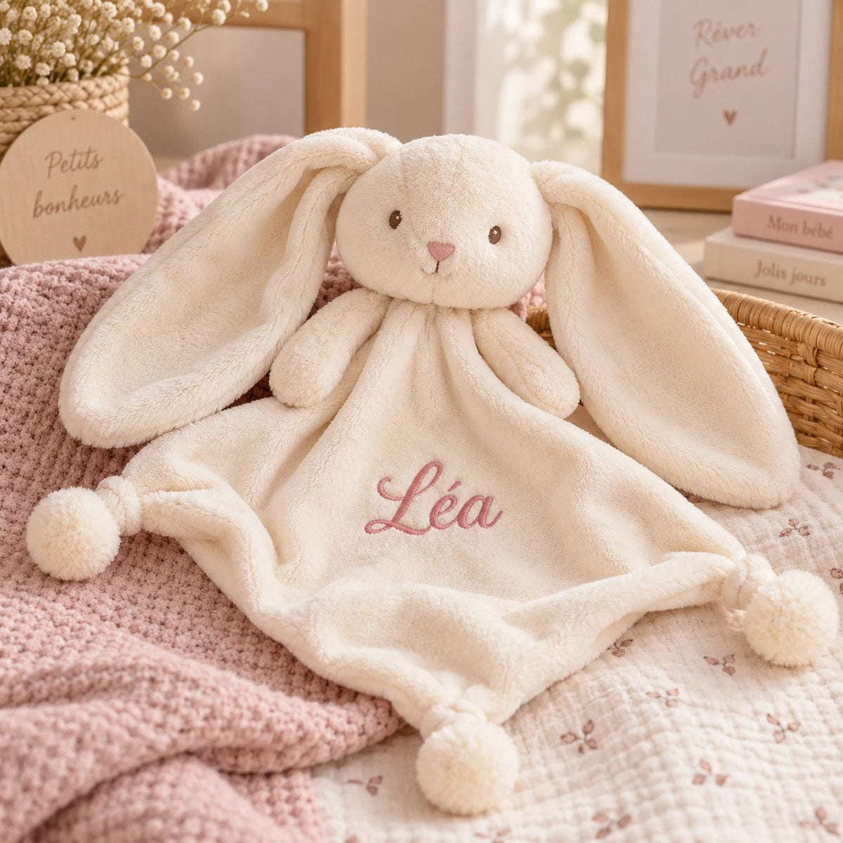 Doudou Lapin Pompon crème brodé au prénom Léa en fil rose, posé sur une couverture