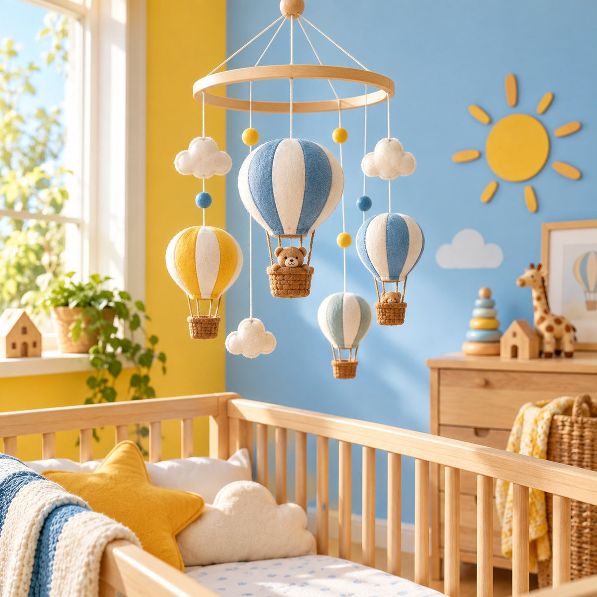 Mobile Montgolfières bleu et jaune avec petits oursons, au-dessus d'un lit en bois