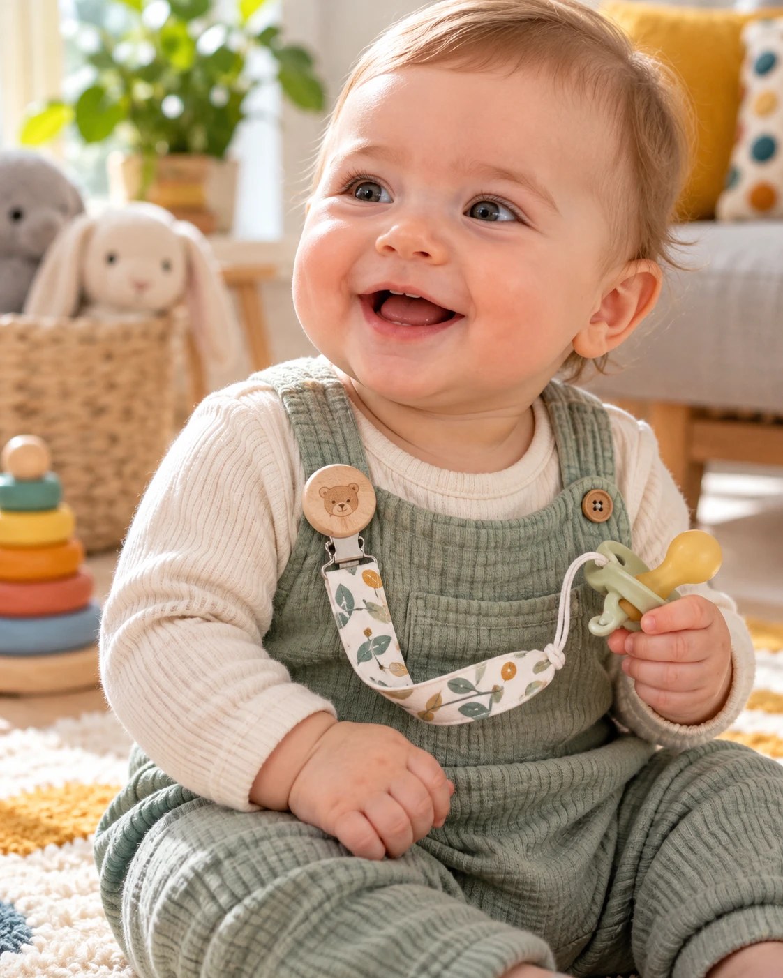 Bébé souriant avec l'attache-tétine clipsée à sa salopette, tétine à la main