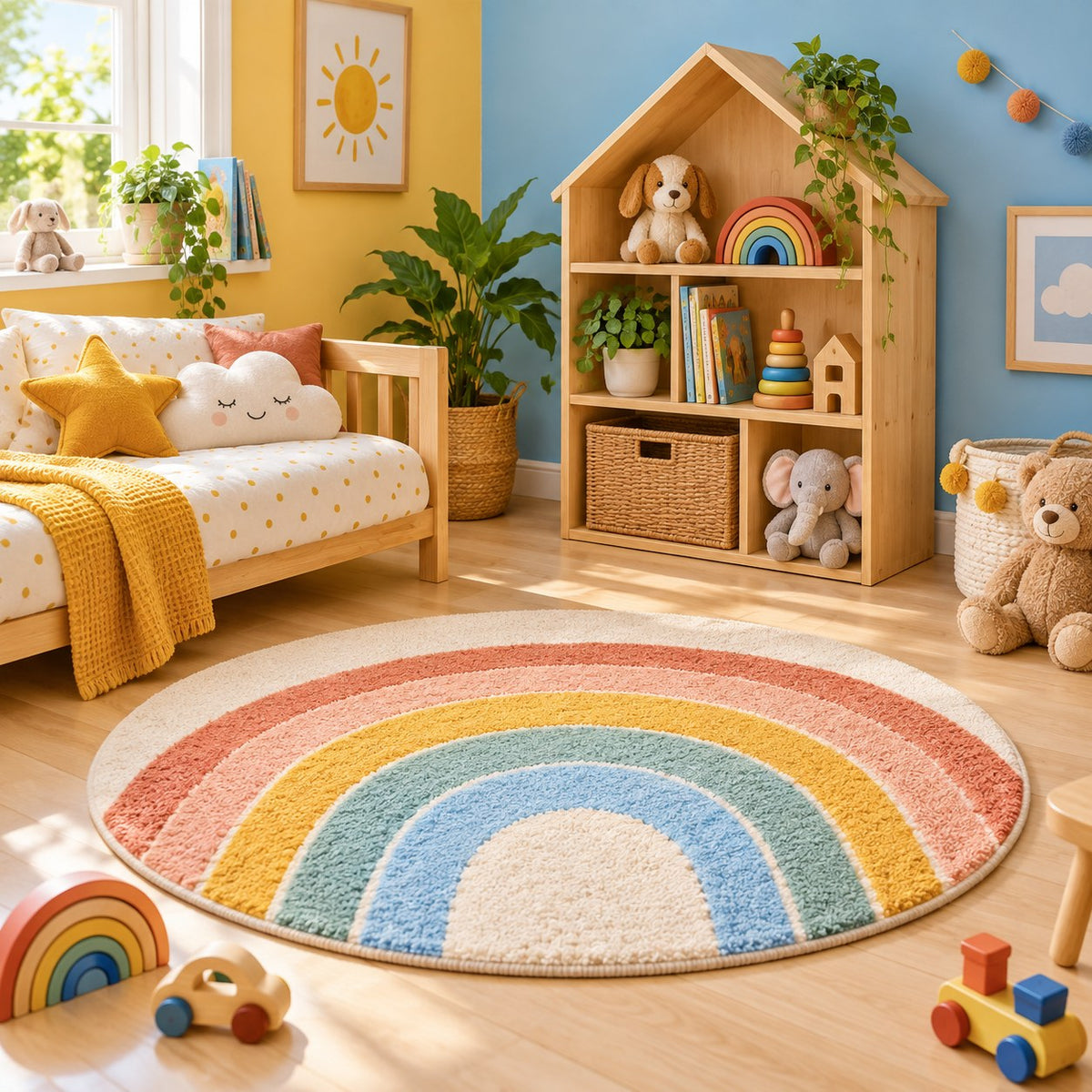 Tapis rond Arc-en-ciel au pied du lit dans une chambre colorée