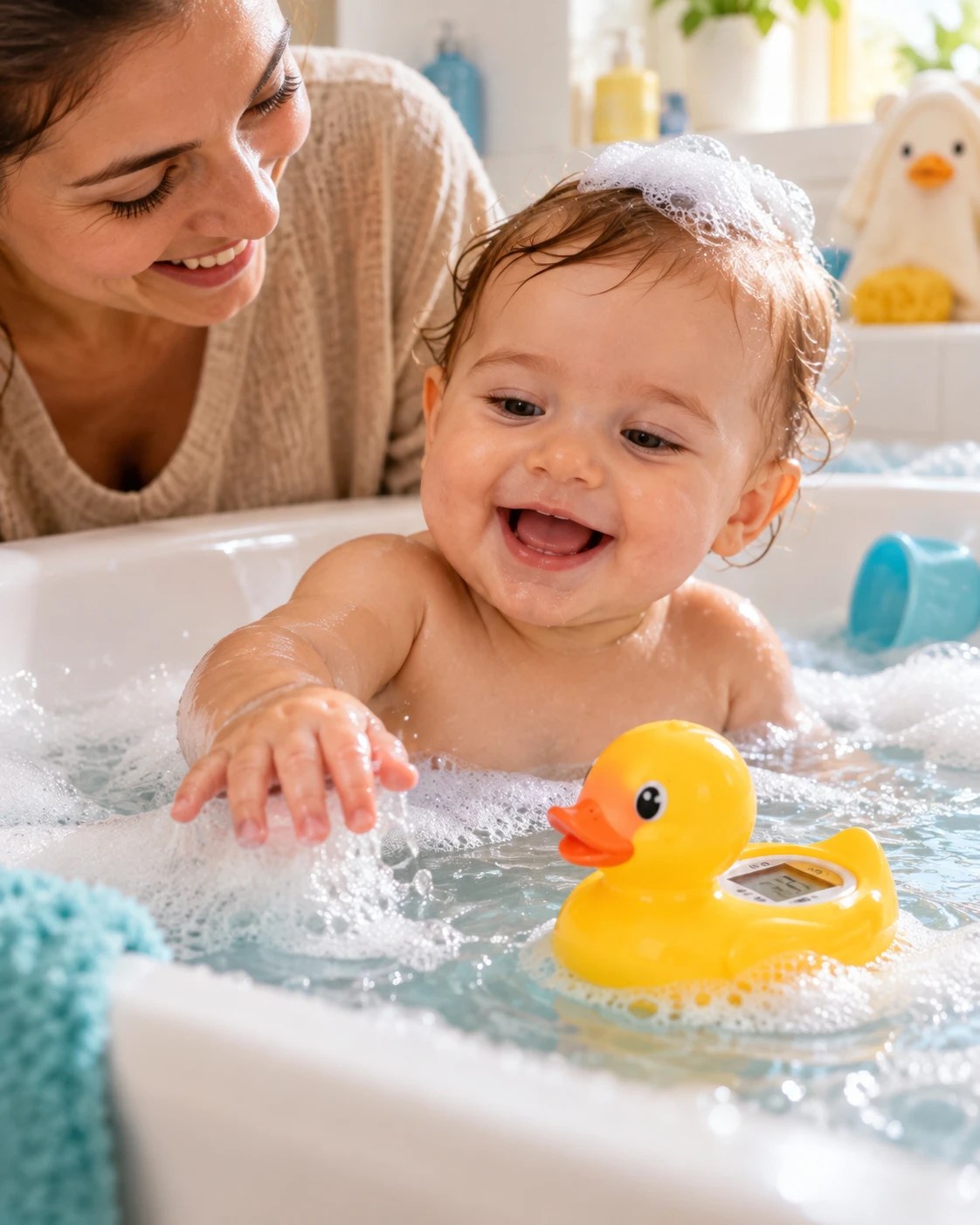 Un bébé joue dans le bain avec le thermomètre Canard, sa maman à côté