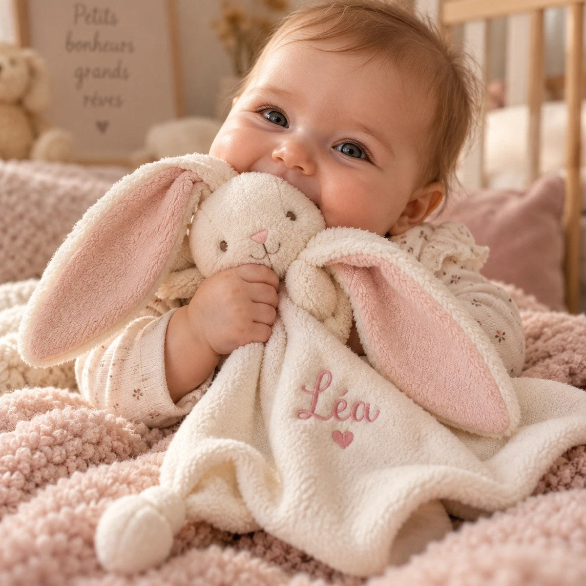 Un bébé serre contre lui son doudou lapin brodé Léa