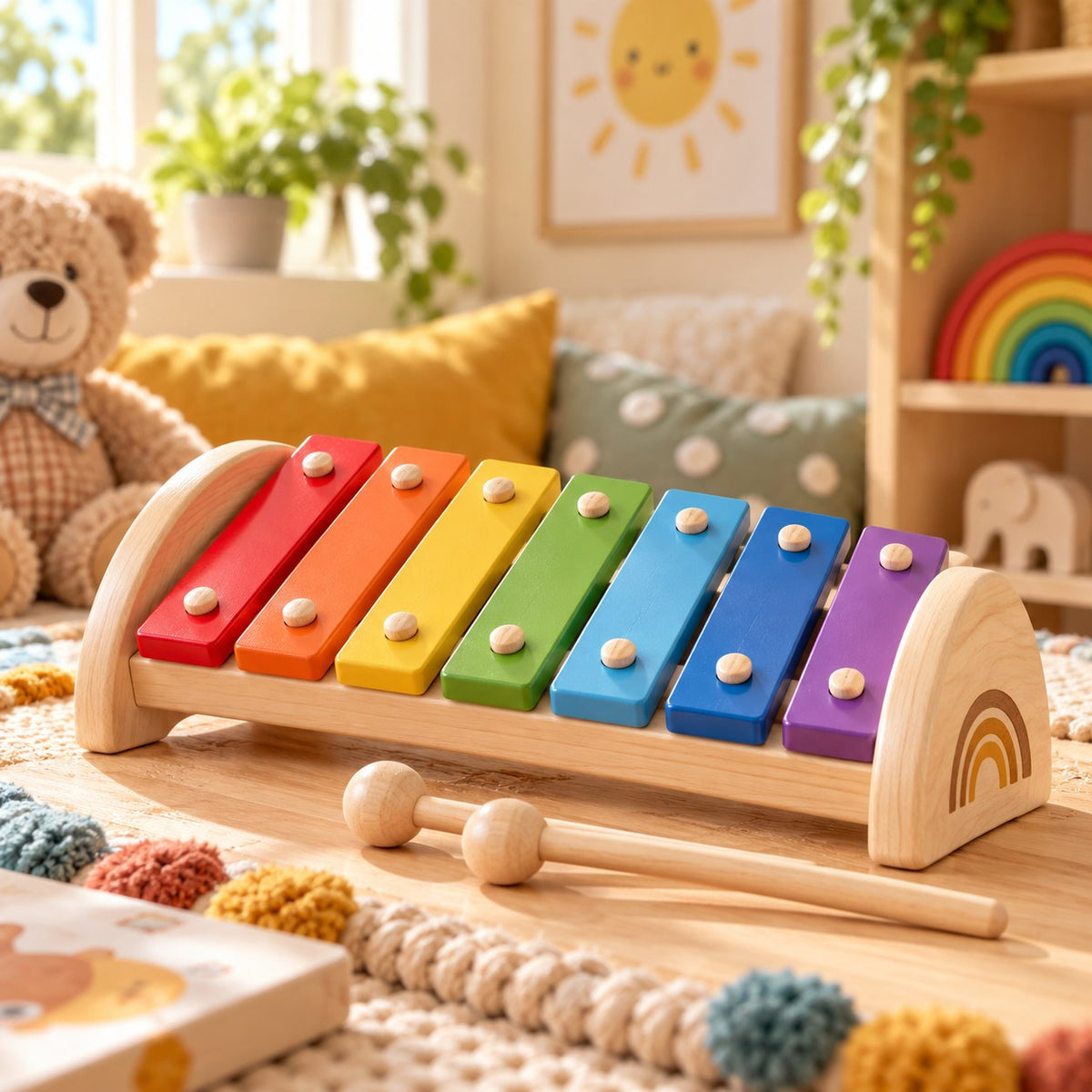 Xylophone Arc-en-ciel en bois avec ses baguettes, dans une chambre ensoleillée