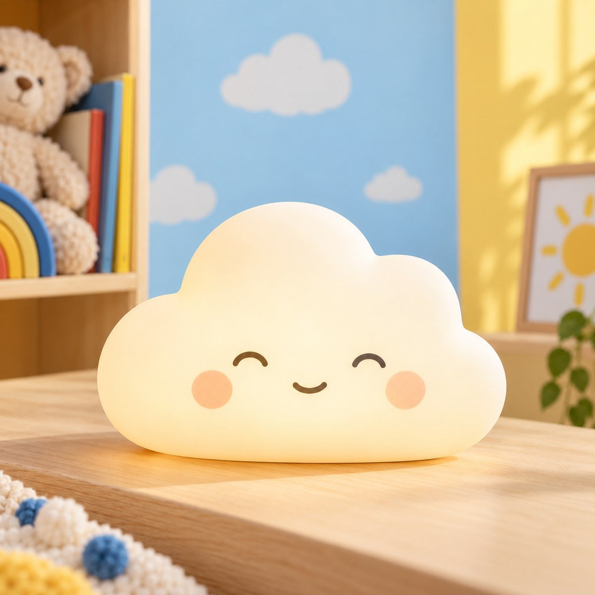 Lampe Nuage souriante allumée sur un bureau en bois