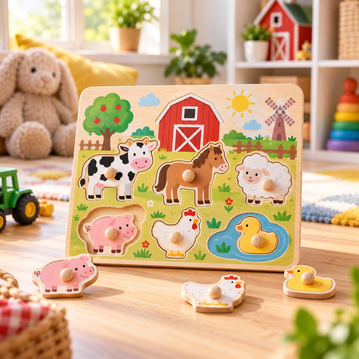 Puzzle à encastrer La ferme en bois : vache, cheval, mouton, cochon, poule et canard