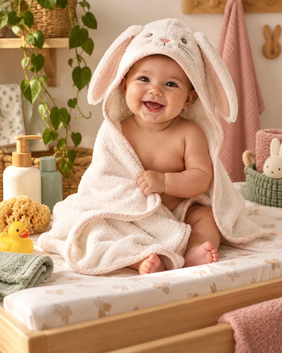 Bébé assis sur la table à langer, enveloppé dans la cape de bain Lapin