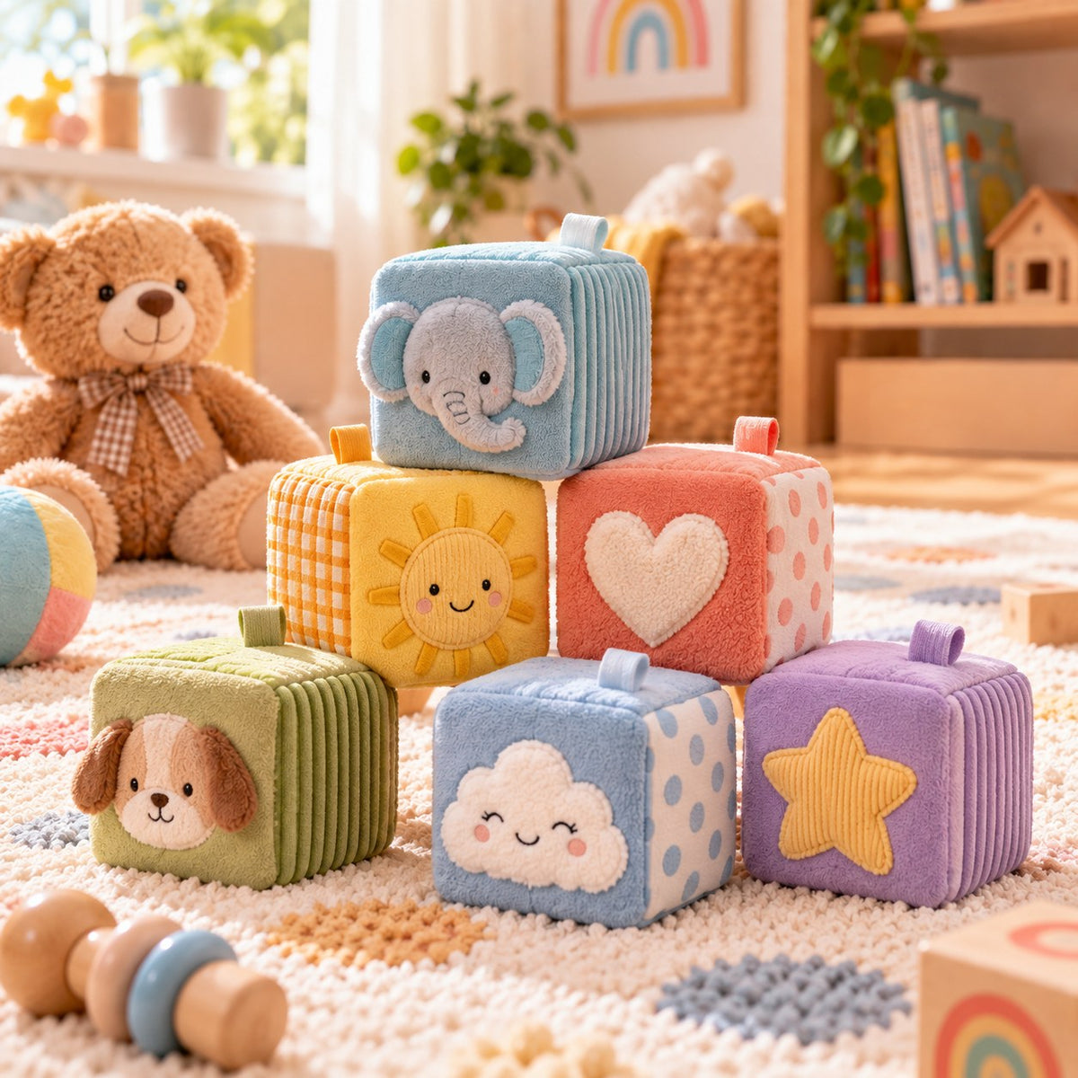 Six cubes souples en tissu empilés : éléphant, soleil, cœur, chien, nuage, étoile