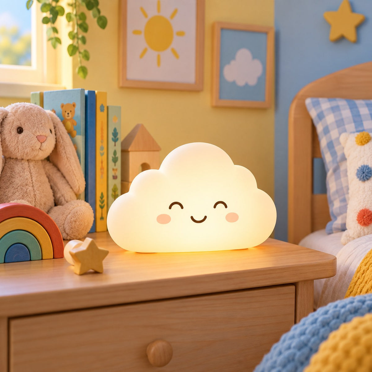 Lampe Nuage sur une table de chevet, à côté d'un doudou lapin