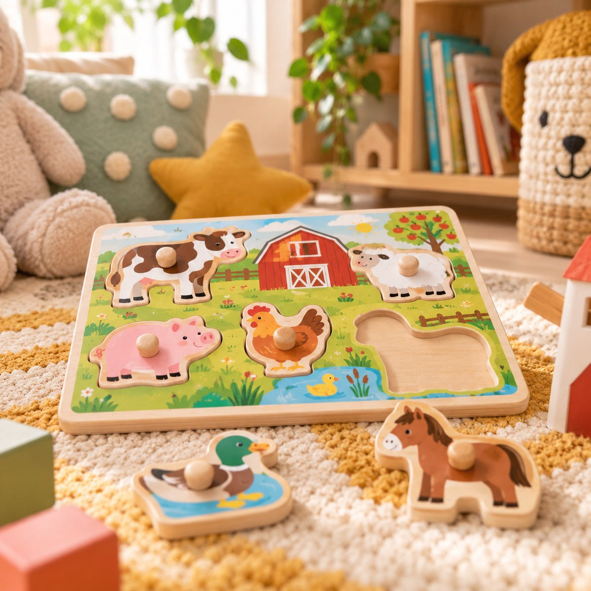 Puzzle La ferme posé à plat sur un tapis, deux pièces sorties