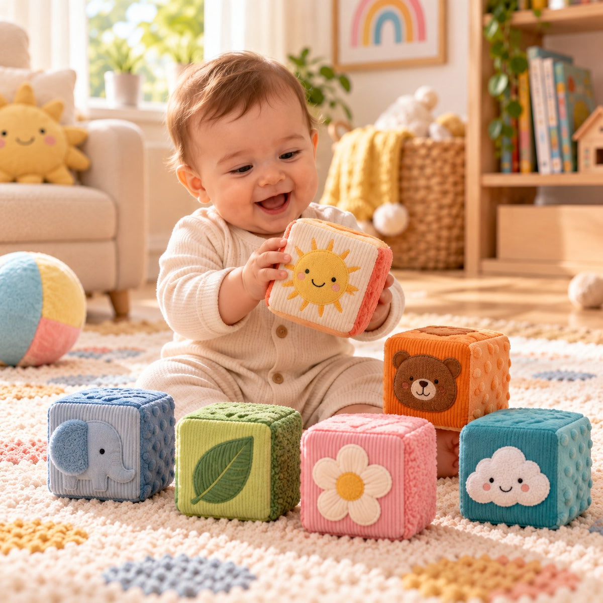 Un bébé rit en tenant un cube souple soleil, les autres cubes posés devant lui