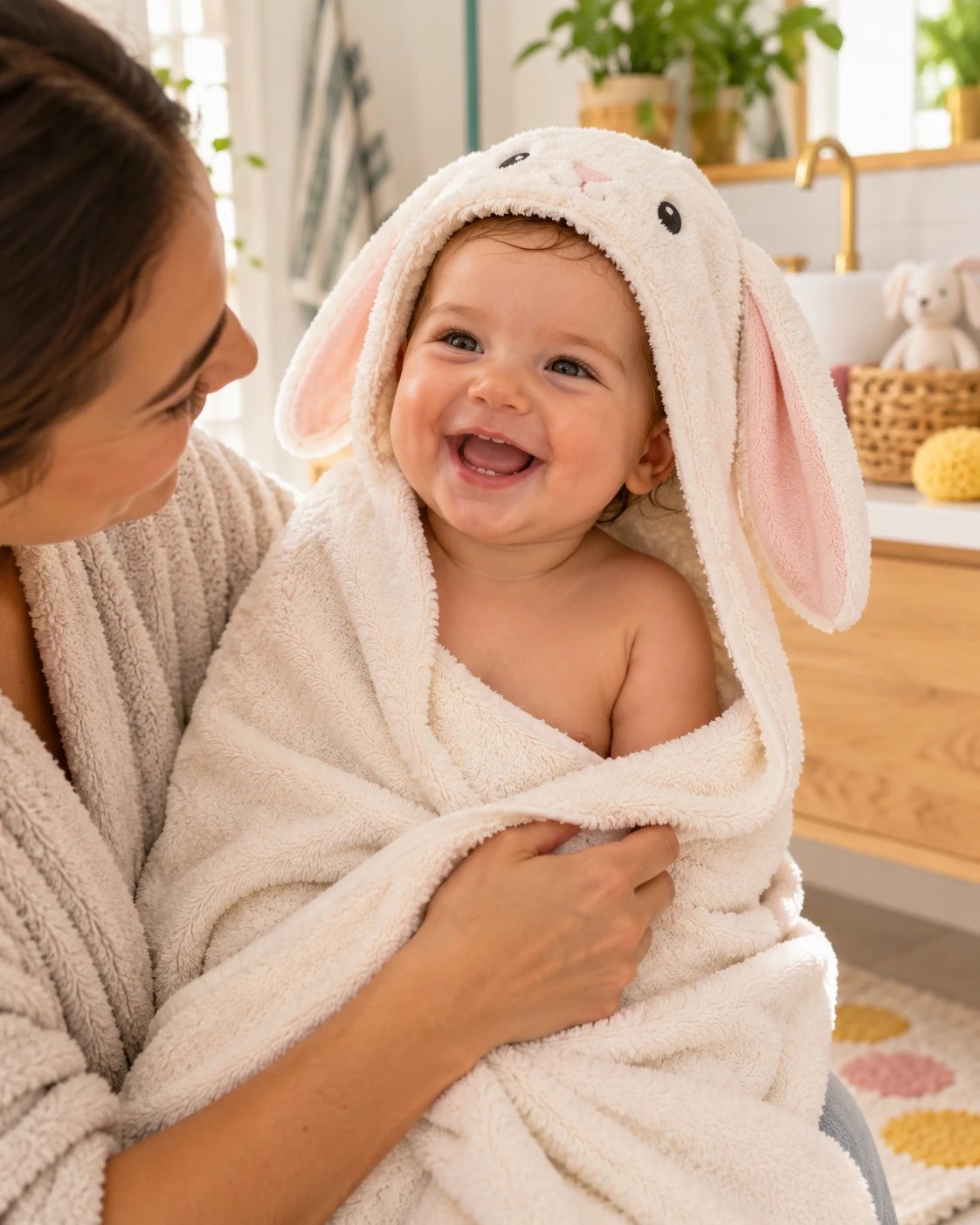 Une maman enveloppe son bébé dans la cape de bain Lapin après le bain